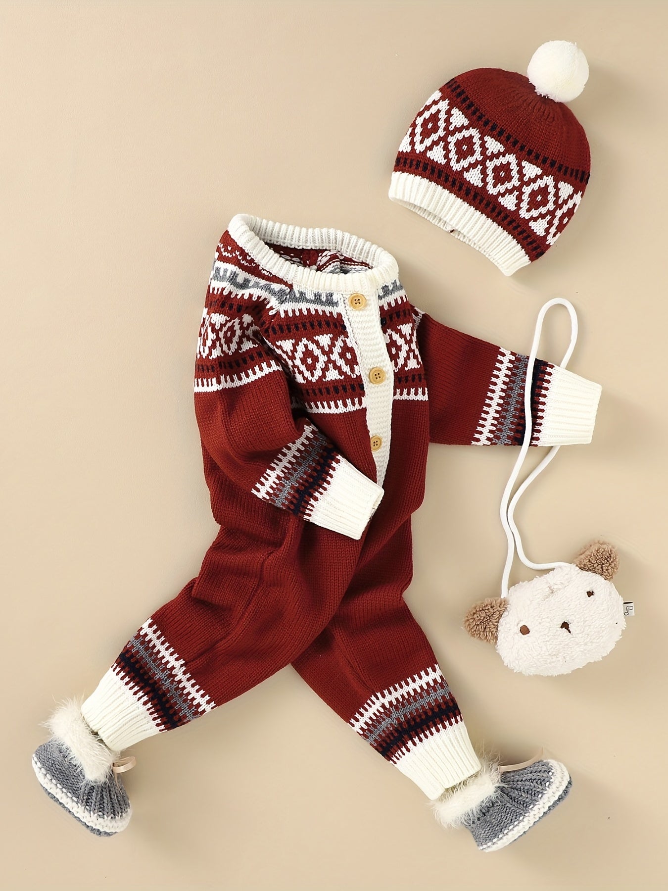 Geometric Pattern Newborn Infant Sweater Romper Long Sleeve Button Jumpsuit & Hat For Toddler Baby Boys And Girls, Suitable For Indoor And Outdoor Wear - PratSN