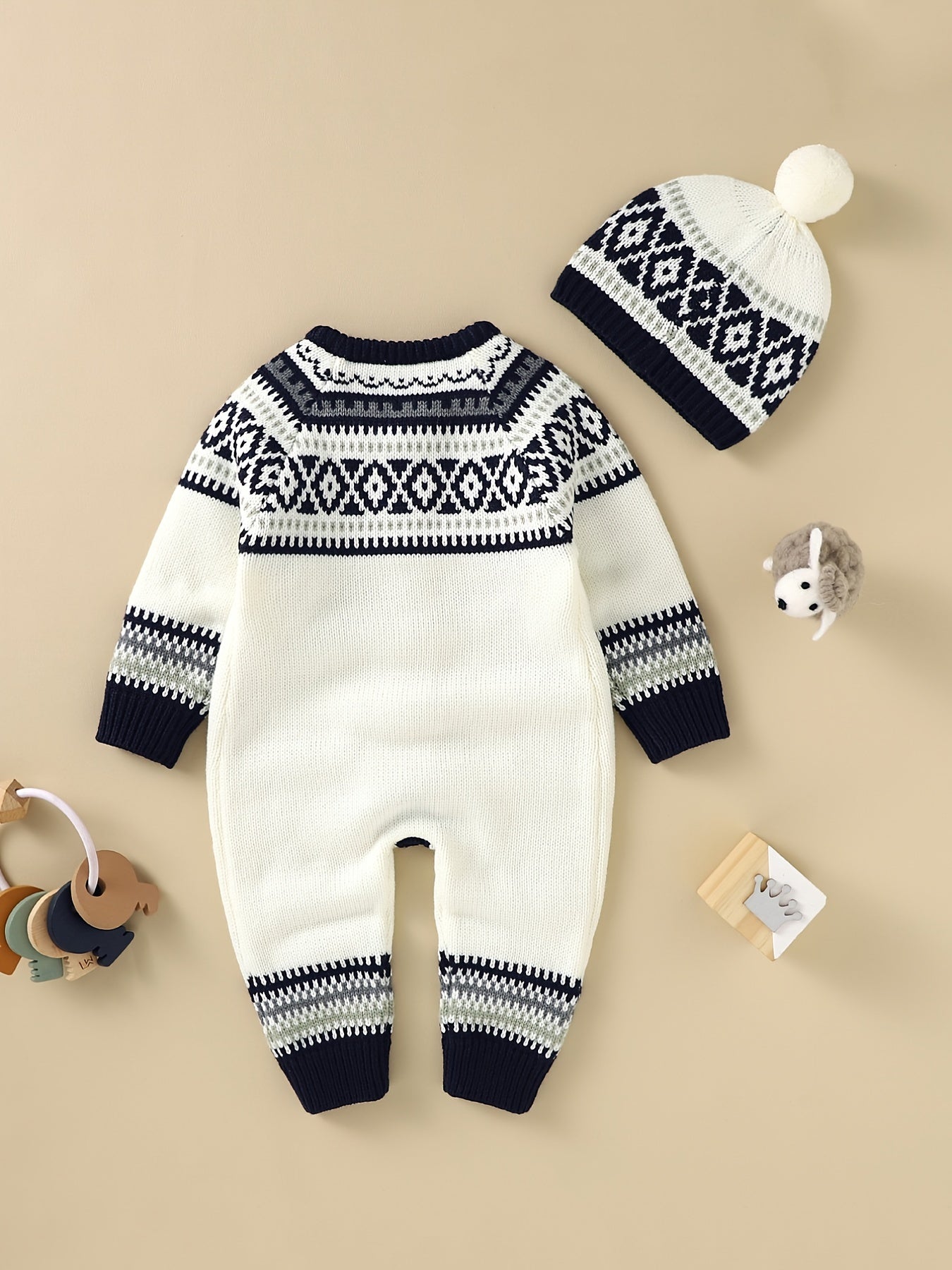 Geometric Pattern Newborn Infant Sweater Romper Long Sleeve Button Jumpsuit & Hat For Toddler Baby Boys And Girls, Suitable For Indoor And Outdoor Wear - PratSN