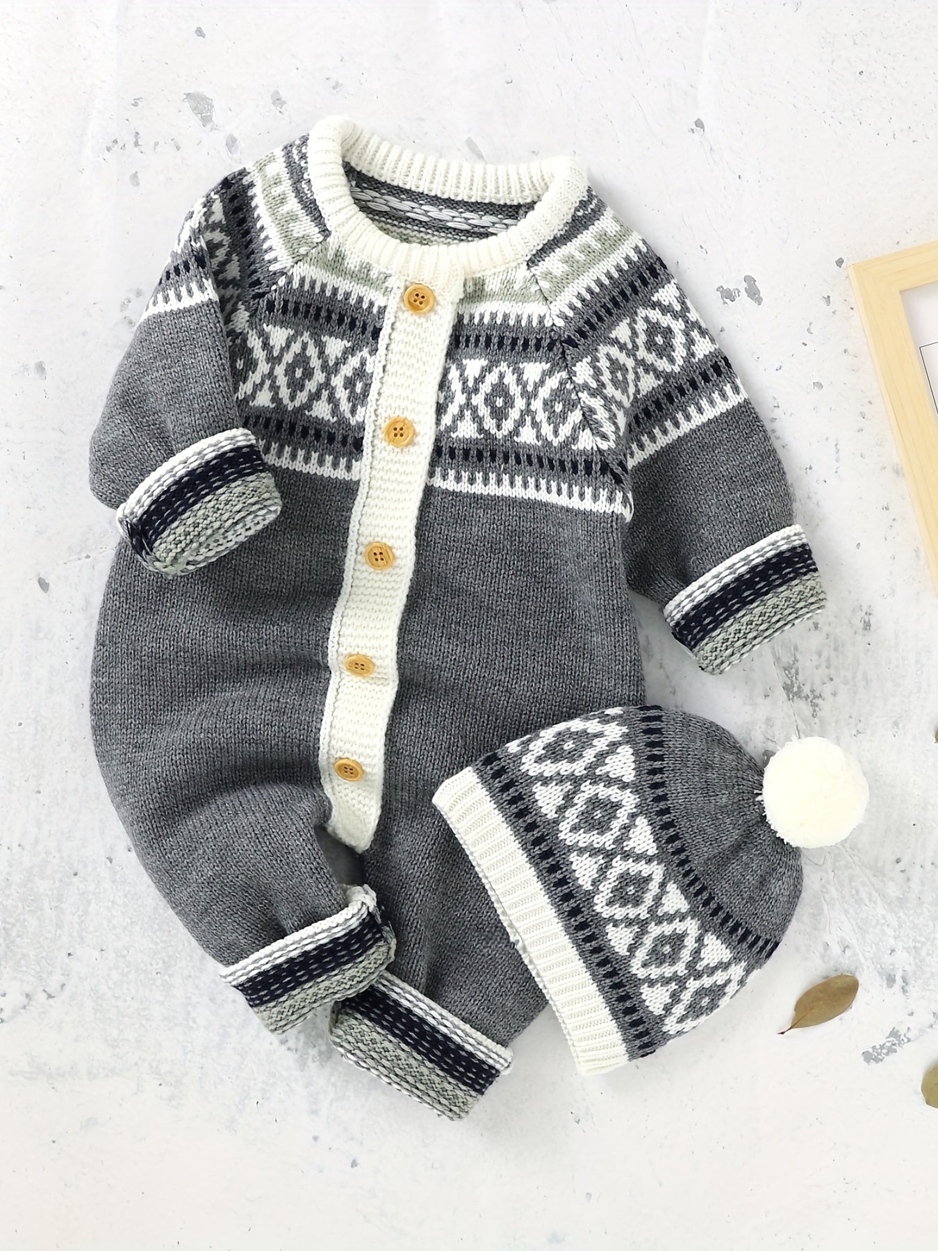 Geometric Pattern Newborn Infant Sweater Romper Long Sleeve Button Jumpsuit & Hat For Toddler Baby Boys And Girls, Suitable For Indoor And Outdoor Wear - PratSN