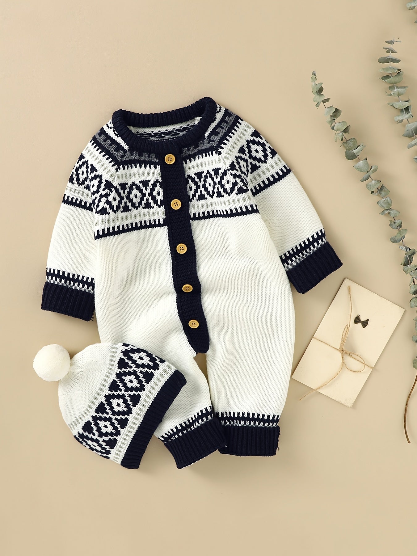 Geometric Pattern Newborn Infant Sweater Romper Long Sleeve Button Jumpsuit & Hat For Toddler Baby Boys And Girls, Suitable For Indoor And Outdoor Wear - PratSN