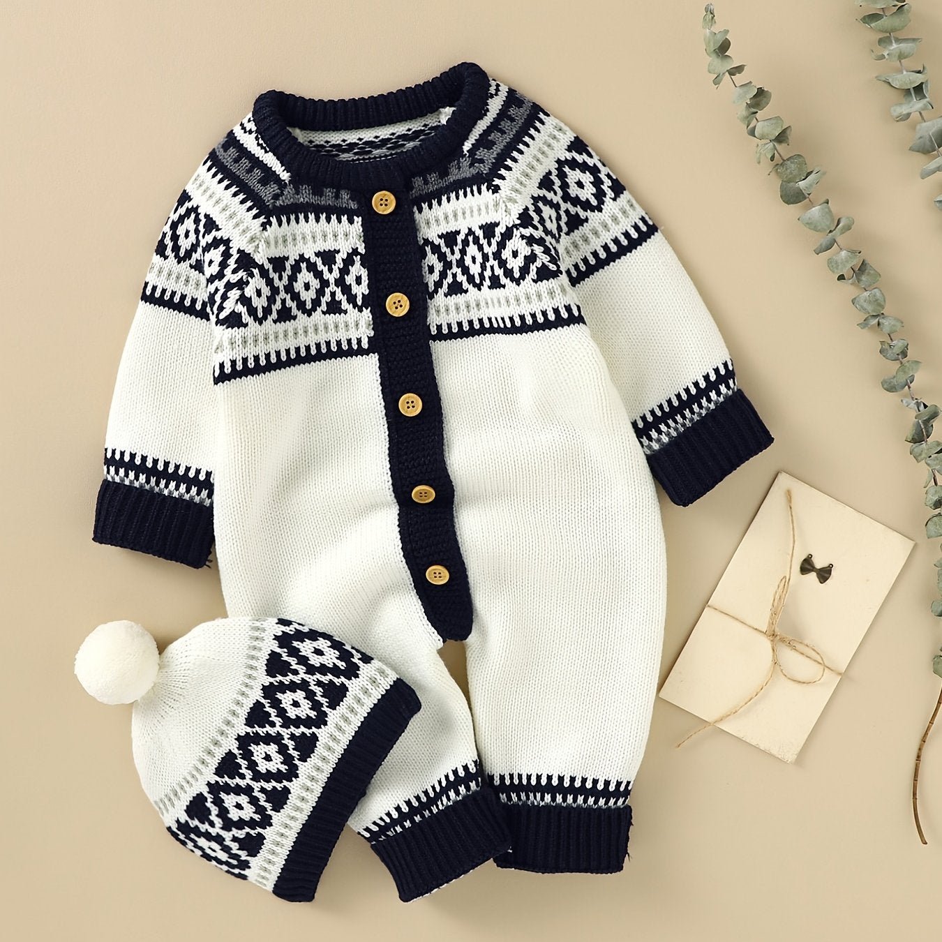 Geometric Pattern Newborn Infant Sweater Romper Long Sleeve Button Jumpsuit & Hat For Toddler Baby Boys And Girls, Suitable For Indoor And Outdoor Wear - PratSN