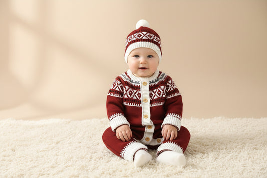 Geometric Pattern Newborn Infant Sweater Romper Long Sleeve Button Jumpsuit & Hat For Toddler Baby Boys And Girls, Suitable For Indoor And Outdoor Wear - PratSN