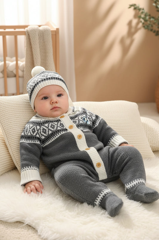 Geometric Pattern Newborn Infant Sweater Romper Long Sleeve Button Jumpsuit & Hat For Toddler Baby Boys And Girls, Suitable For Indoor And Outdoor Wear - PratSN