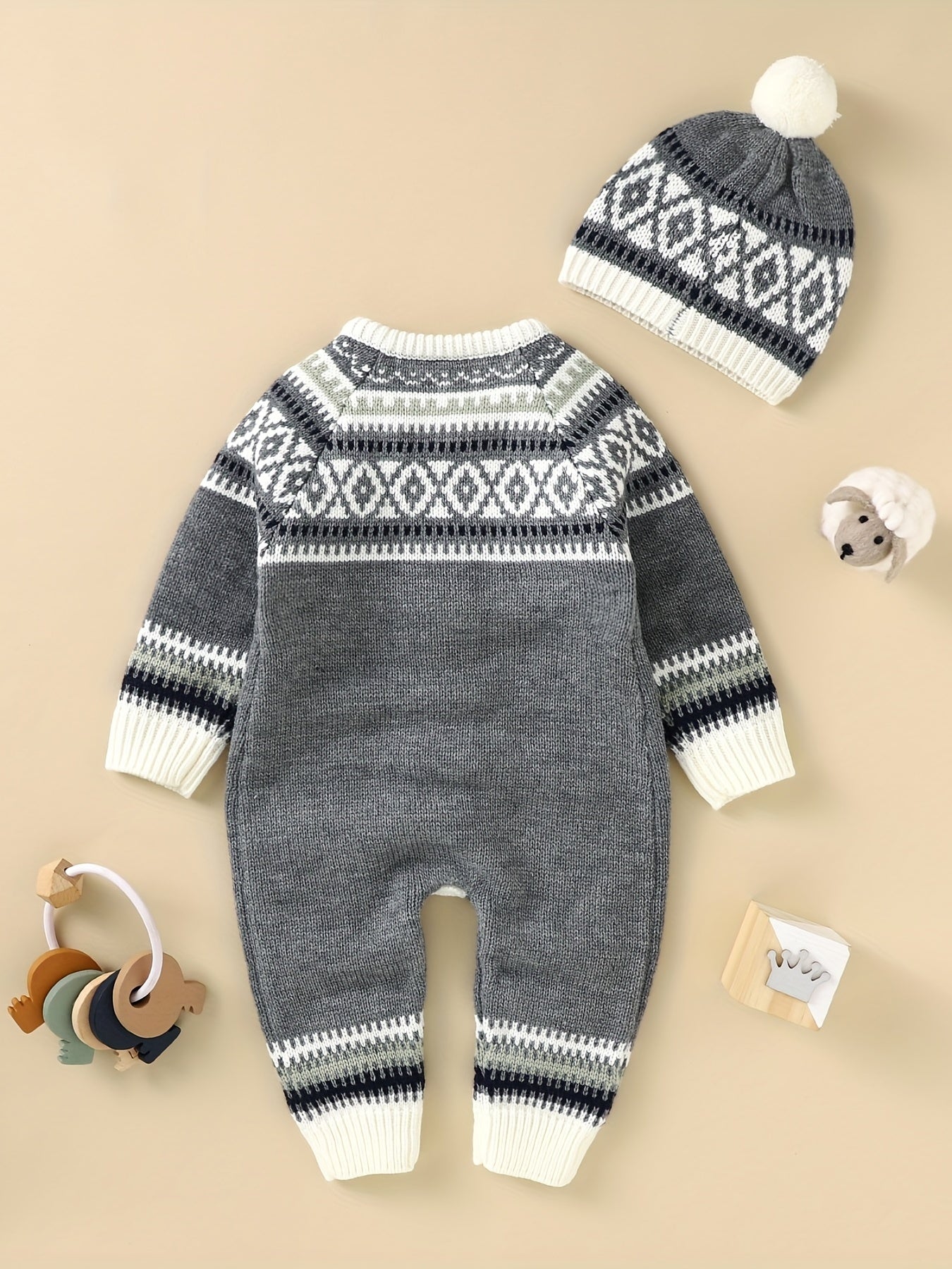 Geometric Pattern Newborn Infant Sweater Romper Long Sleeve Button Jumpsuit & Hat For Toddler Baby Boys And Girls, Suitable For Indoor And Outdoor Wear - PratSN