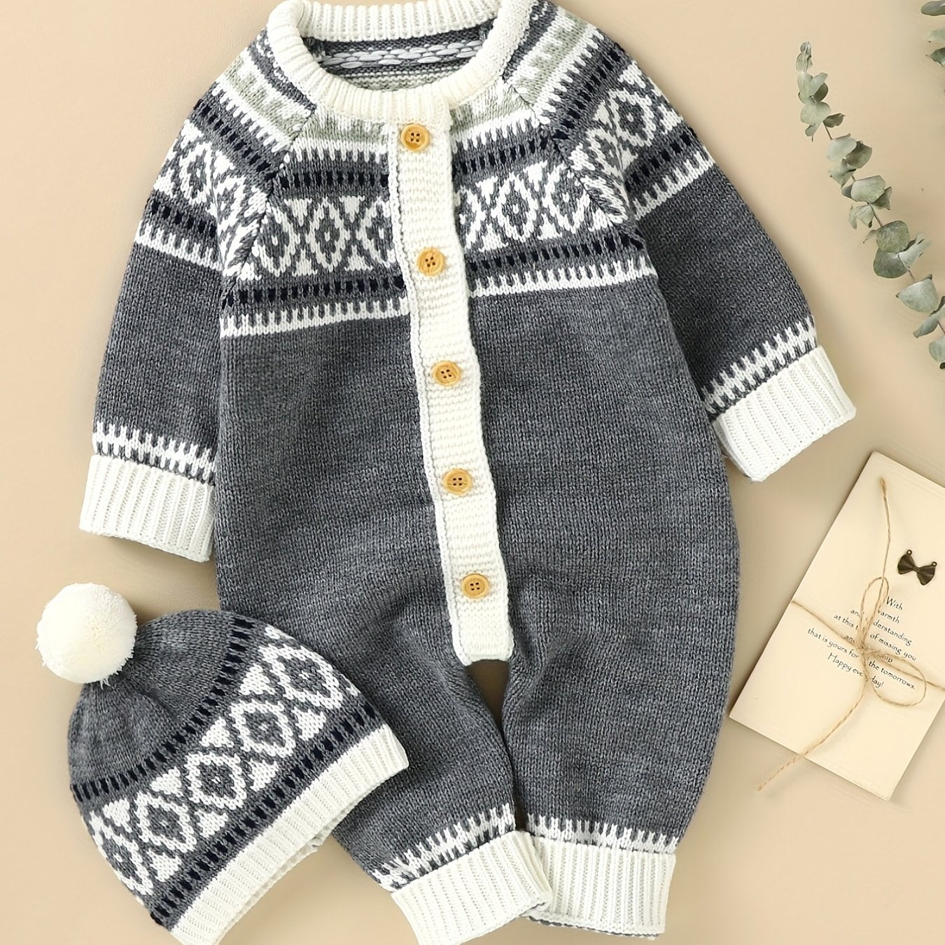 Geometric Pattern Newborn Infant Sweater Romper Long Sleeve Button Jumpsuit & Hat For Toddler Baby Boys And Girls, Suitable For Indoor And Outdoor Wear - PratSN