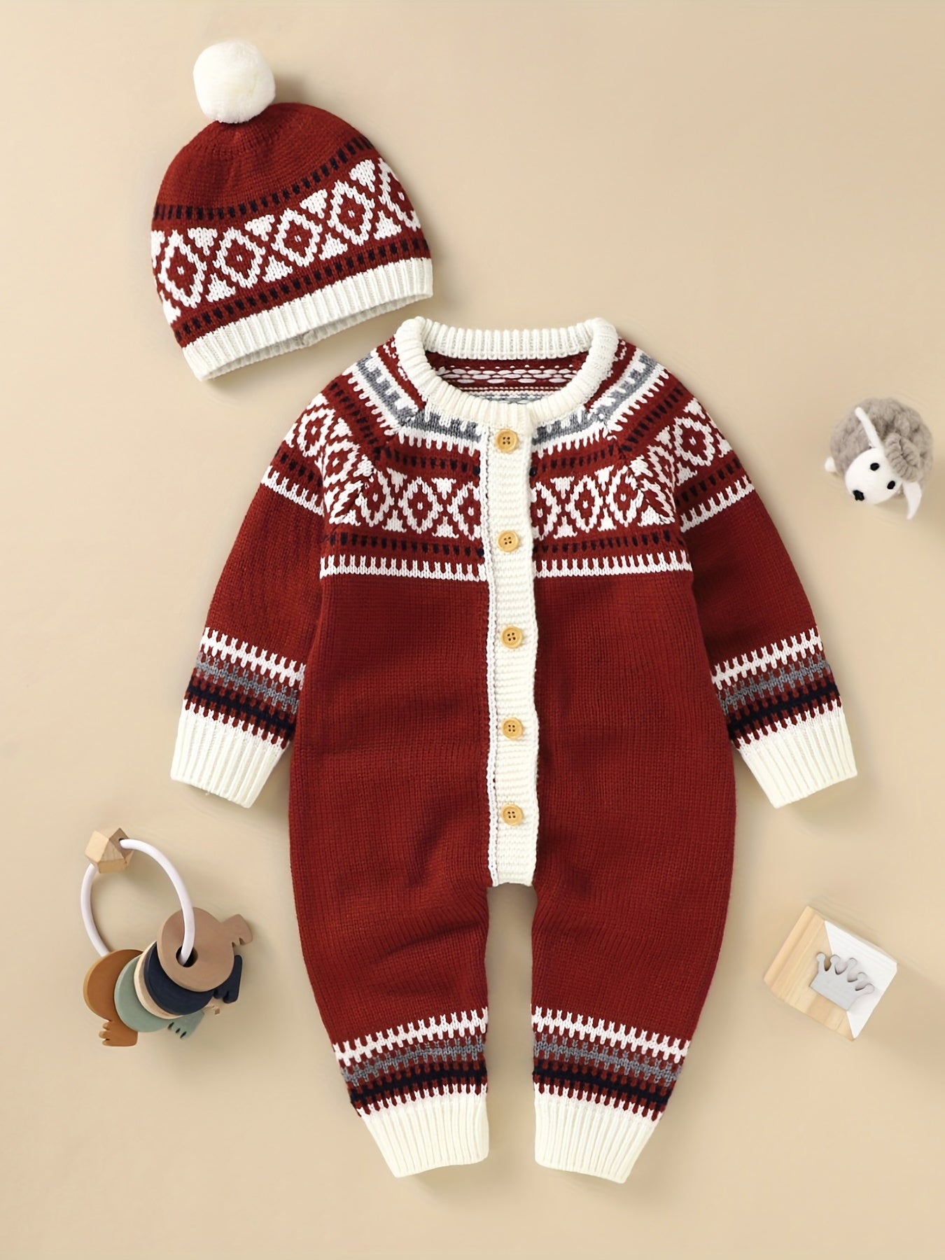 Geometric Pattern Newborn Infant Sweater Romper Long Sleeve Button Jumpsuit & Hat For Toddler Baby Boys And Girls, Suitable For Indoor And Outdoor Wear - PratSN