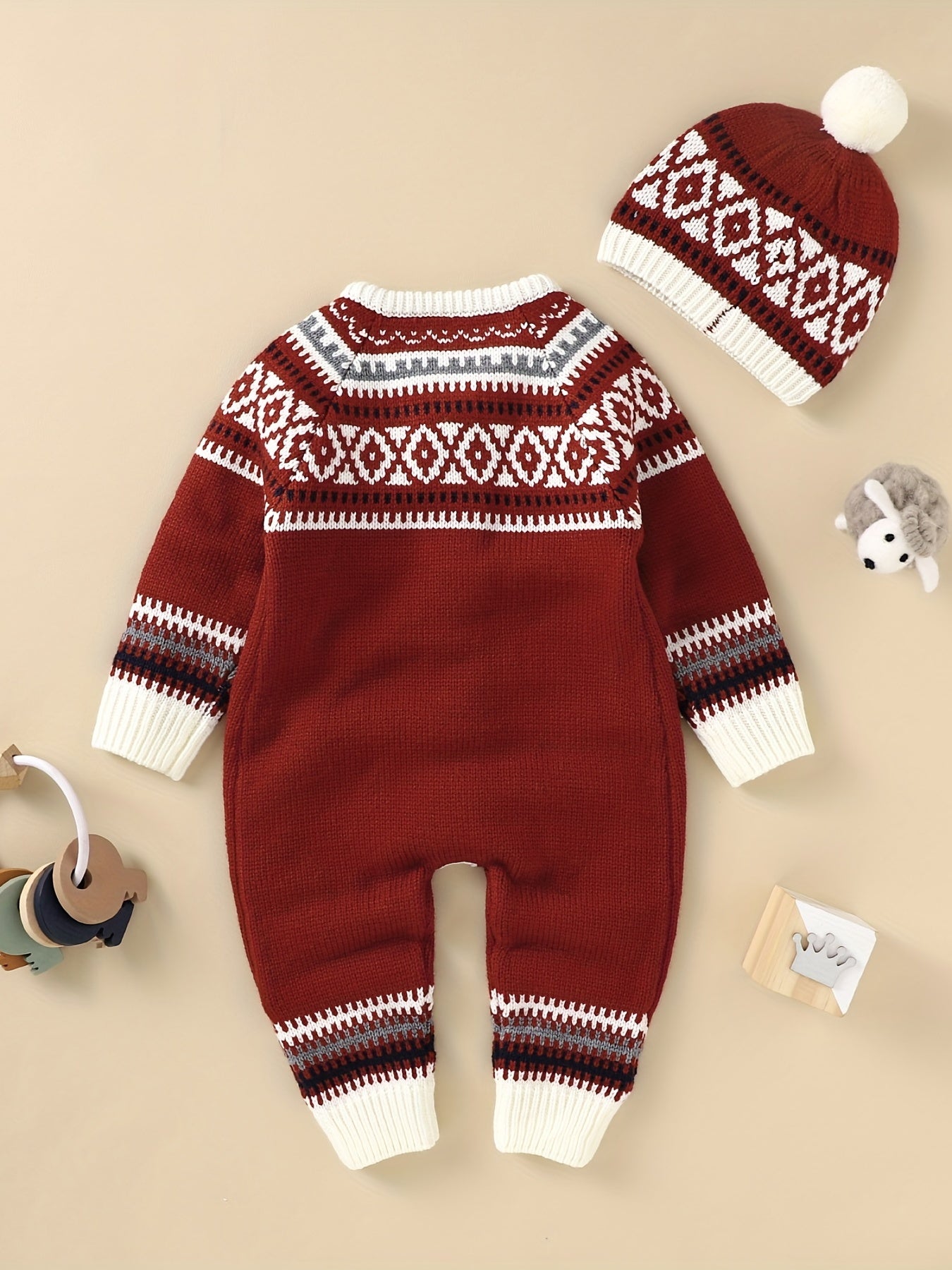 Geometric Pattern Newborn Infant Sweater Romper Long Sleeve Button Jumpsuit & Hat For Toddler Baby Boys And Girls, Suitable For Indoor And Outdoor Wear - PratSN