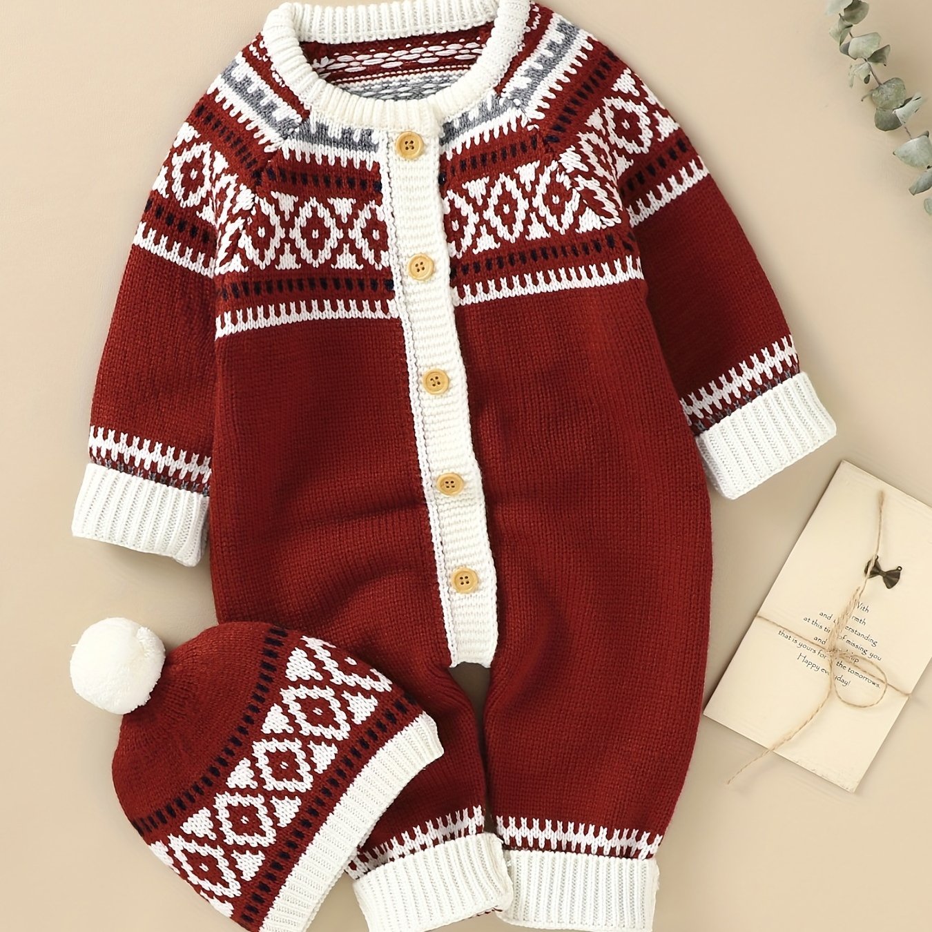 Geometric Pattern Newborn Infant Sweater Romper Long Sleeve Button Jumpsuit & Hat For Toddler Baby Boys And Girls, Suitable For Indoor And Outdoor Wear - PratSN