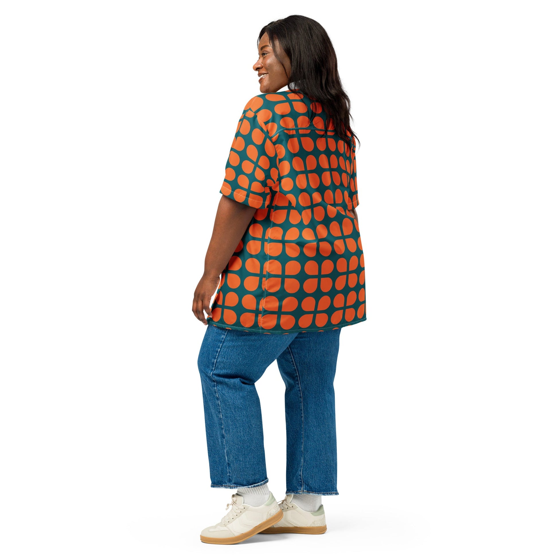 Geometric Pattern Unisex Button Shirt in Orange and Sherpa Blue - PratSN