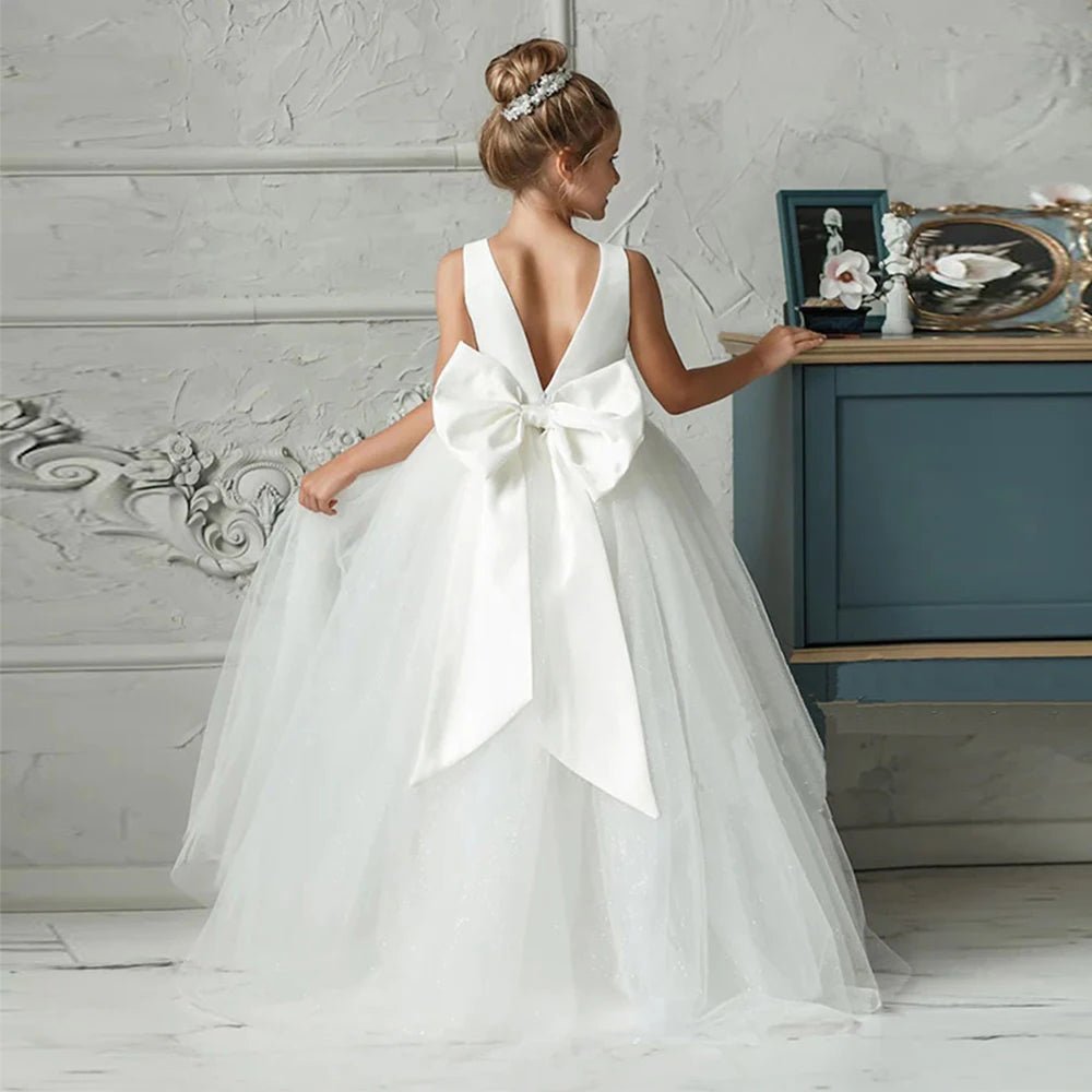 Girl Long White Bridesmaid Dresses For Wedding Prom Gown Big Bow Girls Party Dress Kids First Communiom Formal Evening Vestidos - PratSN