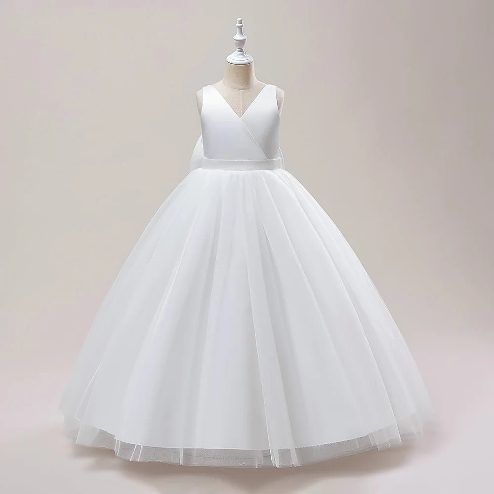 Girl Long White Bridesmaid Dresses For Wedding Prom Gown Big Bow Girls Party Dress Kids First Communiom Formal Evening Vestidos - PratSN