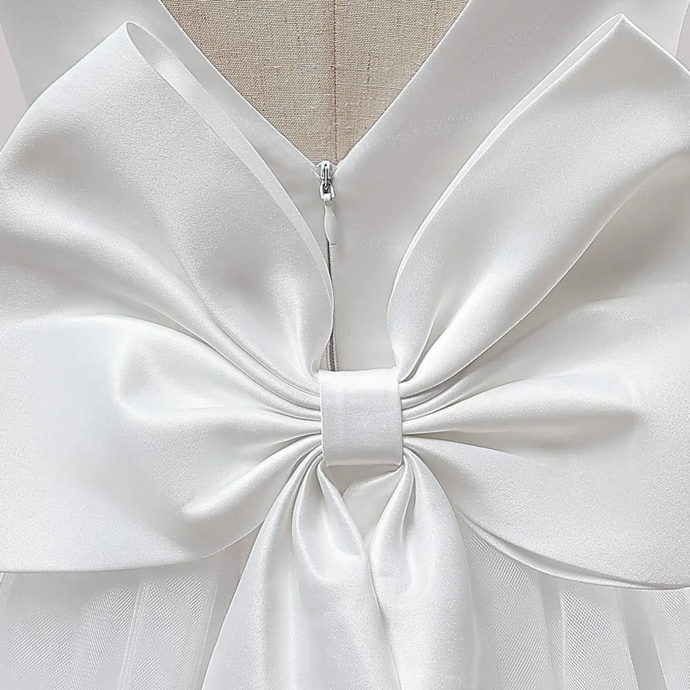 Girl Long White Bridesmaid Dresses For Wedding Prom Gown Big Bow Girls Party Dress Kids First Communiom Formal Evening Vestidos - PratSN