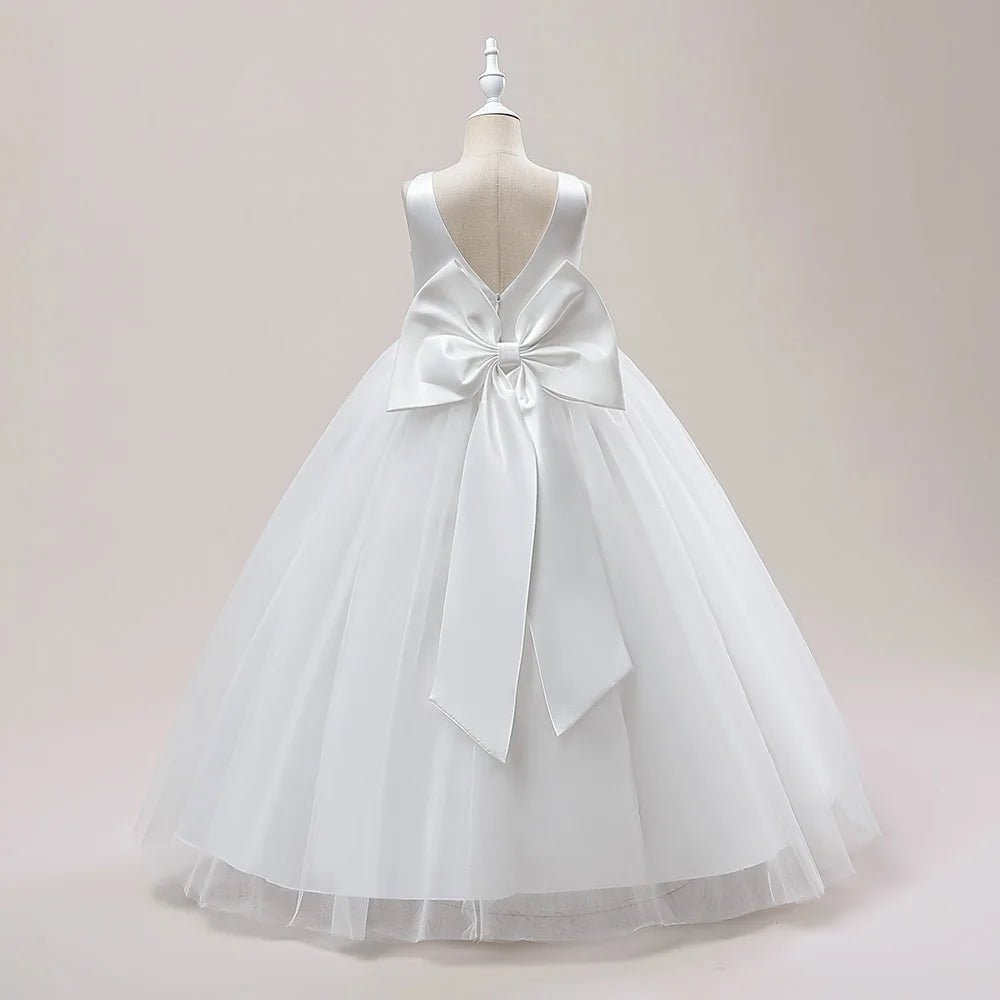 Girl Long White Bridesmaid Dresses For Wedding Prom Gown Big Bow Girls Party Dress Kids First Communiom Formal Evening Vestidos - PratSN