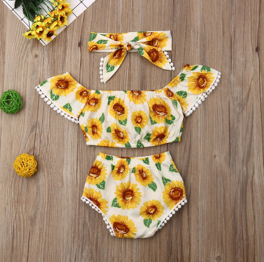 Girl Sunflower Print One - Shoulder Top Triangle Shorts Suit - PratSN