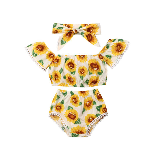Girl Sunflower Print One - Shoulder Top Triangle Shorts Suit - PratSN