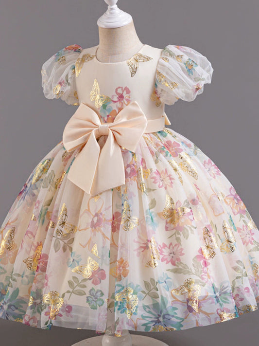 Girl Western Style Dress 2024 New Sweet Mesh Floral Dress Cute Puff Sleeves Princess Dress Birthday Dress - PratSN