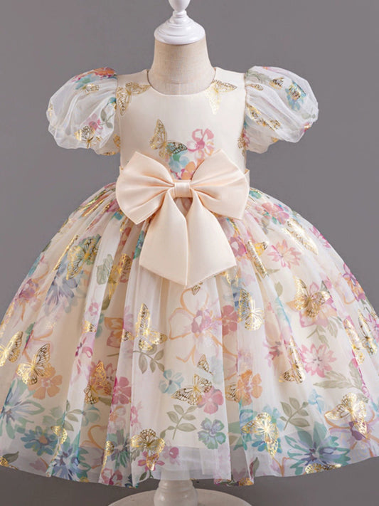 Girl Western Style Dress 2024 New Sweet Mesh Floral Dress Cute Puff Sleeves Princess Dress Birthday Dress - PratSN