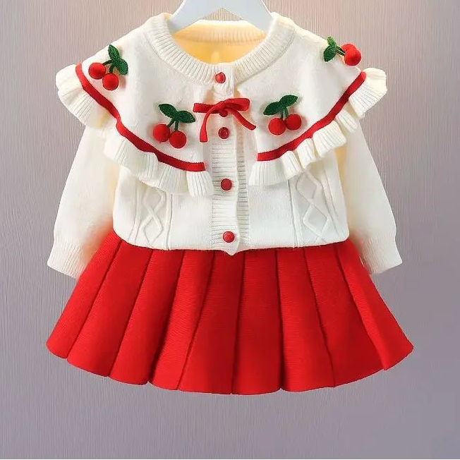 Girls' Baby Sweater Set Spring and Autumn Outwear Dress Children's Thickened Knitted Top Versatile Princess Dress - PratSN