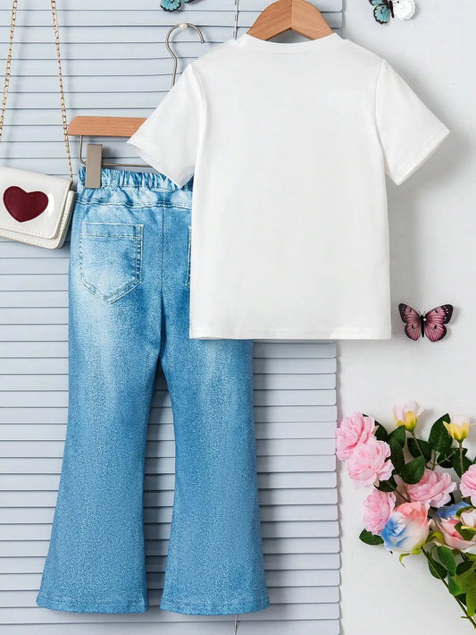 Girls' Butterfly 2 - Pc Set | Embroidered T-Shirt & Knit Bell - Bottoms | Blue Floral Playdates | SS 4 - 7Y - PratSN