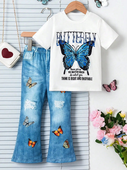 Girls' Butterfly 2 - Pc Set | Embroidered T-Shirt & Knit Bell - Bottoms | Blue Floral Playdates | SS 4 - 7Y - PratSN