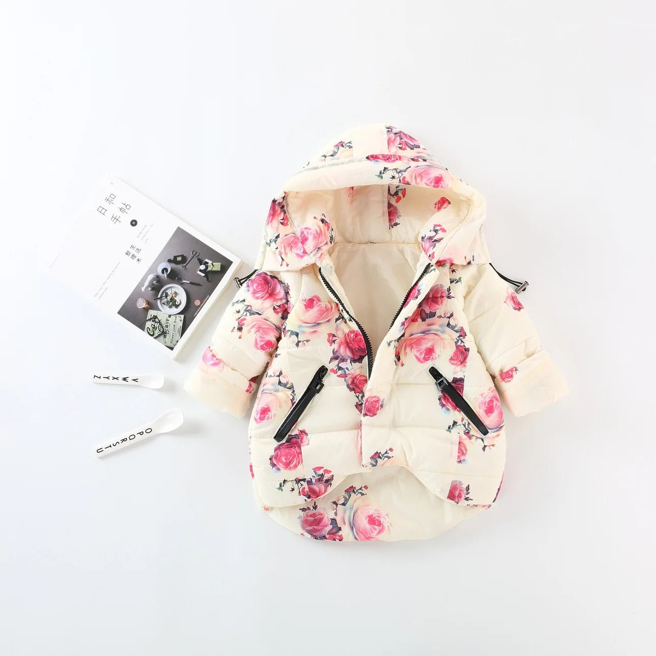 Girl's Cotton Jacket Autumn and Winter Children's Clothing Sweet Flower Print Black Zipper Decoration A - Swing Cotton Jacket - PratSN
