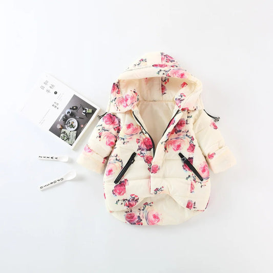 Girl's Cotton Jacket Autumn and Winter Children's Clothing Sweet Flower Print Black Zipper Decoration A - Swing Cotton Jacket - PratSN