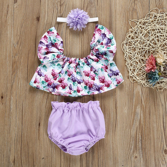 Girls' Flying Sleeves Flower Solid Color Briefs Set - PratSN