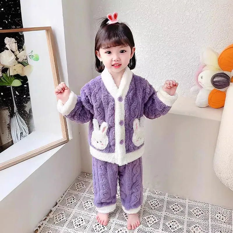 Girls Pajamas Suit Autumn and Winter Flannel Baby Girl Cardigan Padded Thickened Warm Coral Velvethomewear Cute Rabbit Long - Slee - PratSN