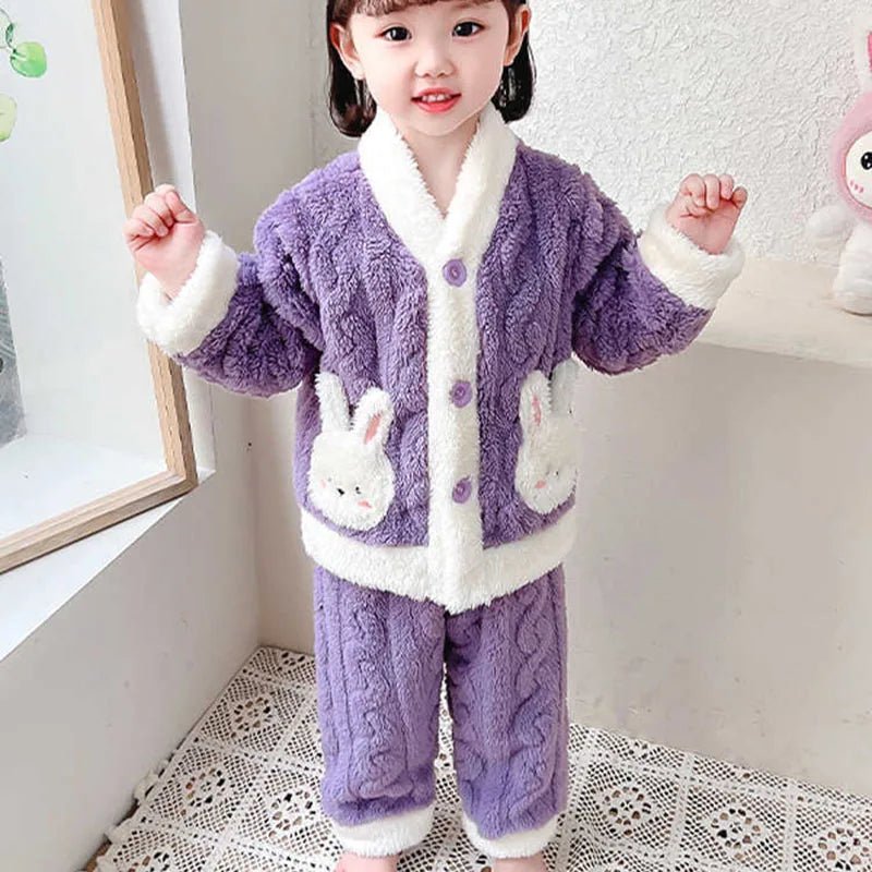 Girls Pajamas Suit Autumn and Winter Flannel Baby Girl Cardigan Padded Thickened Warm Coral Velvethomewear Cute Rabbit Long - Slee - PratSN