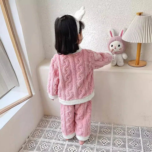 Girls Pajamas Suit Autumn and Winter Flannel Baby Girl Cardigan Padded Thickened Warm Coral Velvethomewear Cute Rabbit Long - Slee - PratSN