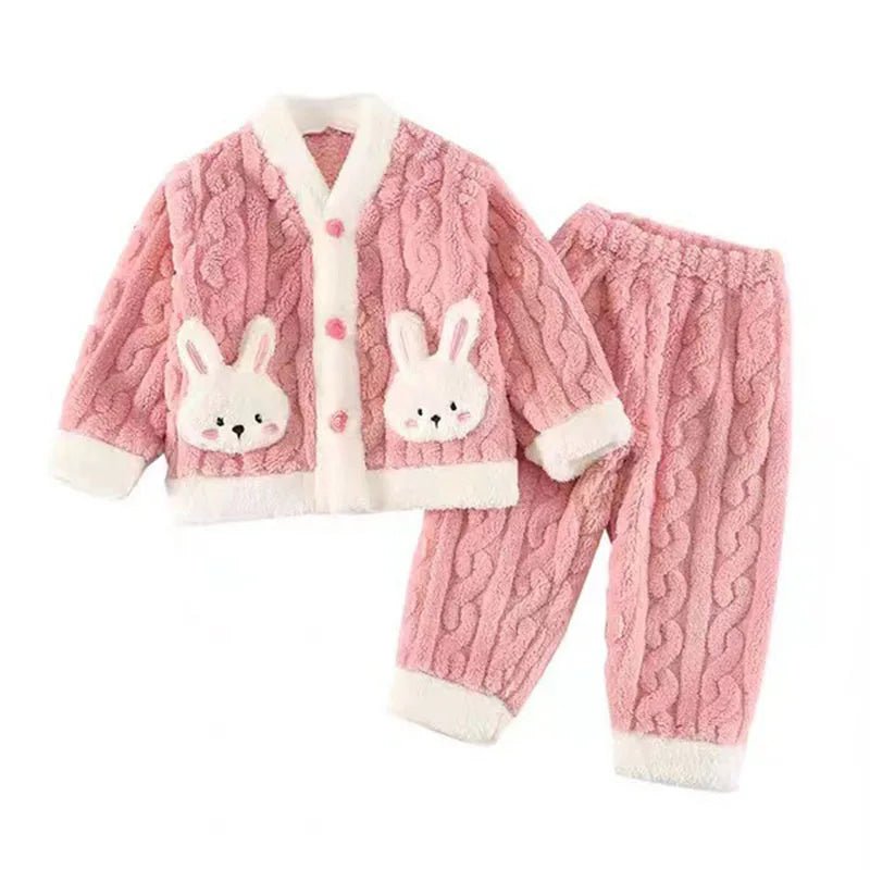 Girls Pajamas Suit Autumn and Winter Flannel Baby Girl Cardigan Padded Thickened Warm Coral Velvethomewear Cute Rabbit Long - Slee - PratSN