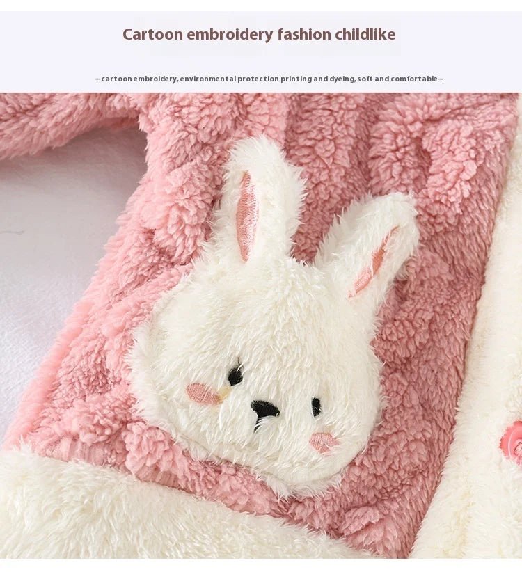 Girls Pajamas Suit Autumn and Winter Flannel Baby Girl Cardigan Padded Thickened Warm Coral Velvethomewear Cute Rabbit Long - Slee - PratSN