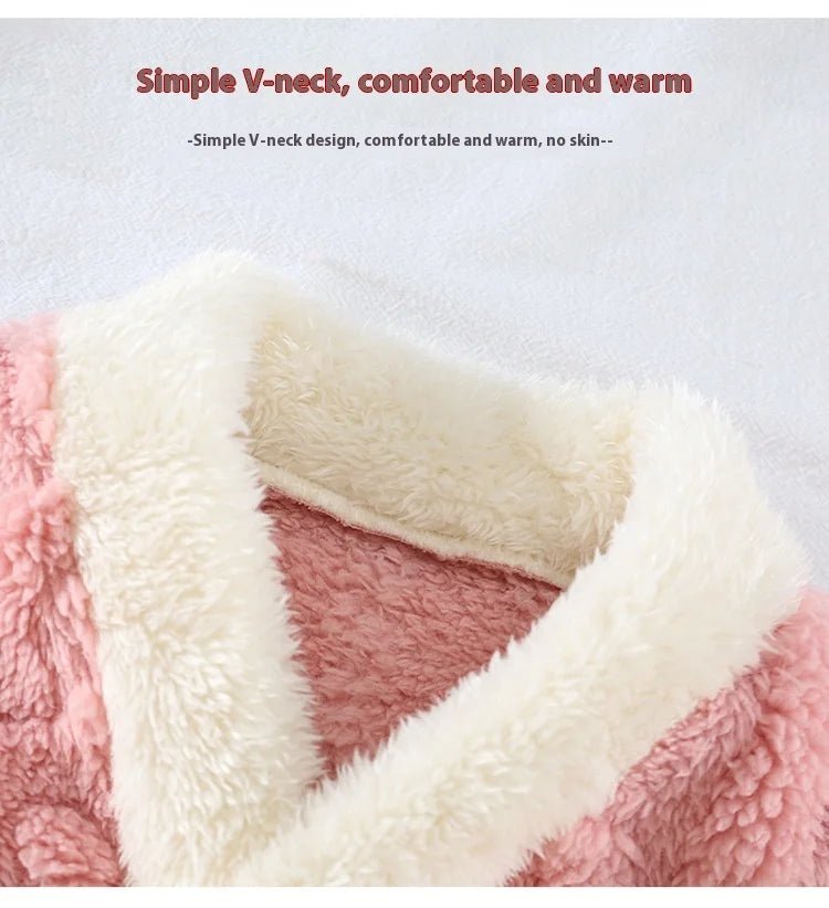 Girls Pajamas Suit Autumn and Winter Flannel Baby Girl Cardigan Padded Thickened Warm Coral Velvethomewear Cute Rabbit Long - Slee - PratSN