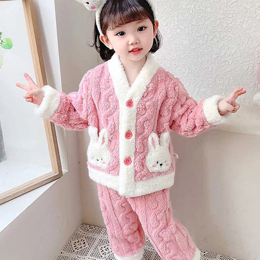 Girls Pajamas Suit Autumn and Winter Flannel Baby Girl Cardigan Padded Thickened Warm Coral Velvethomewear Cute Rabbit Long - Slee - PratSN