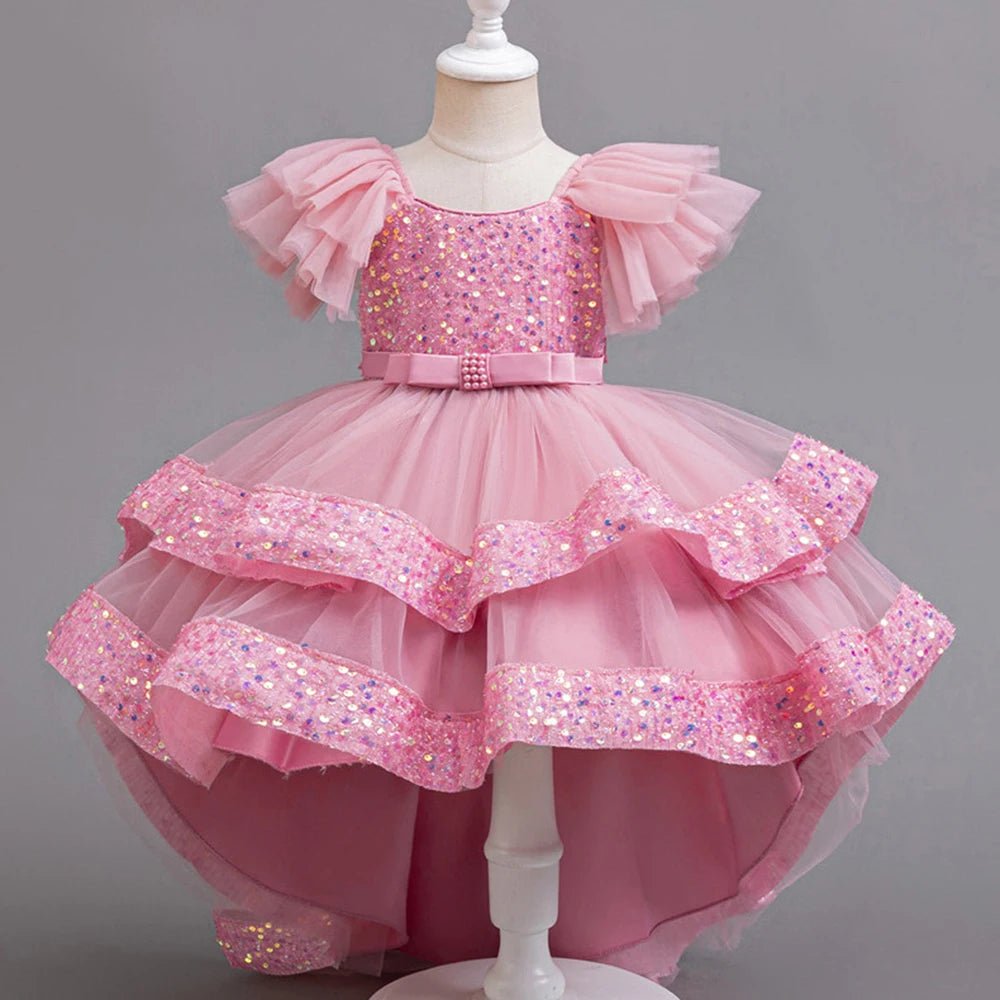 Girls Party Dresses Elegant Tulle Layered Children Long Evening Prom Gown Sequins Puffy Festive Dress for Girl - PratSN