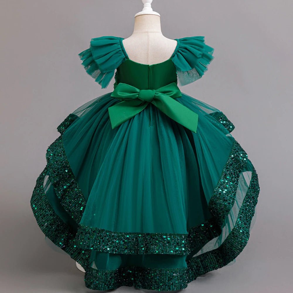 Girls Party Dresses Elegant Tulle Layered Children Long Evening Prom Gown Sequins Puffy Festive Dress for Girl - PratSN