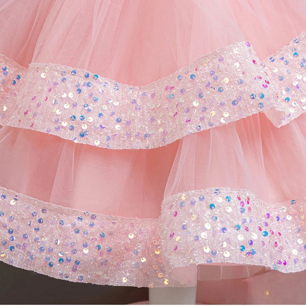 Girls Party Dresses Elegant Tulle Layered Children Long Evening Prom Gown Sequins Puffy Festive Dress for Girl - PratSN