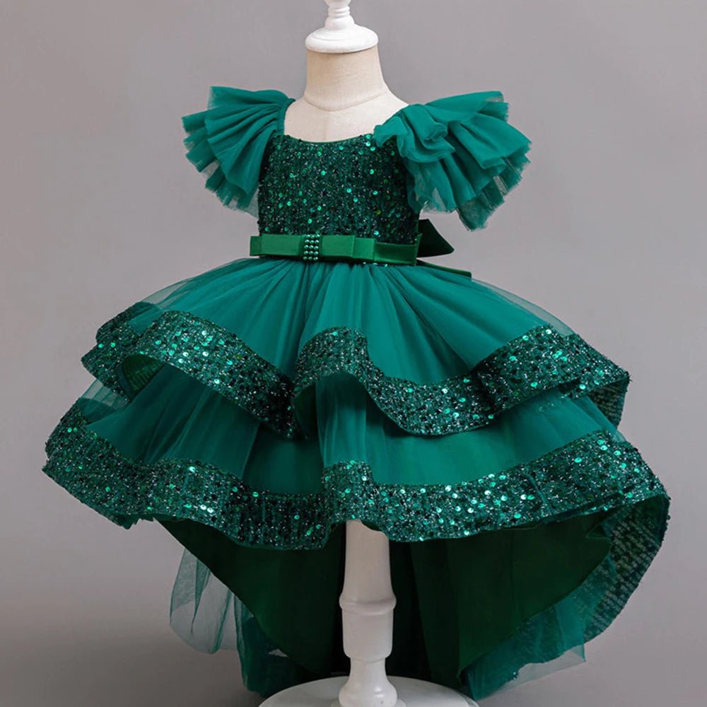 Girls Party Dresses Elegant Tulle Layered Children Long Evening Prom Gown Sequins Puffy Festive Dress for Girl - PratSN