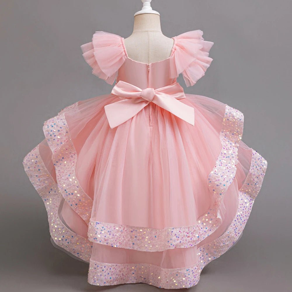 Girls Party Dresses Elegant Tulle Layered Children Long Evening Prom Gown Sequins Puffy Festive Dress for Girl - PratSN
