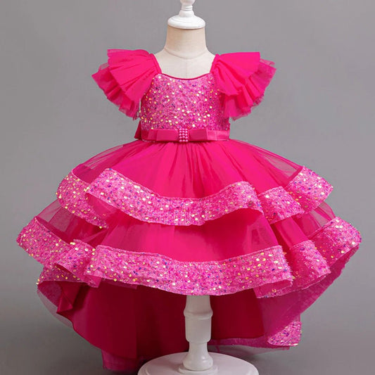 Girls Party Dresses Elegant Tulle Layered Children Long Evening Prom Gown Sequins Puffy Festive Dress for Girl - PratSN