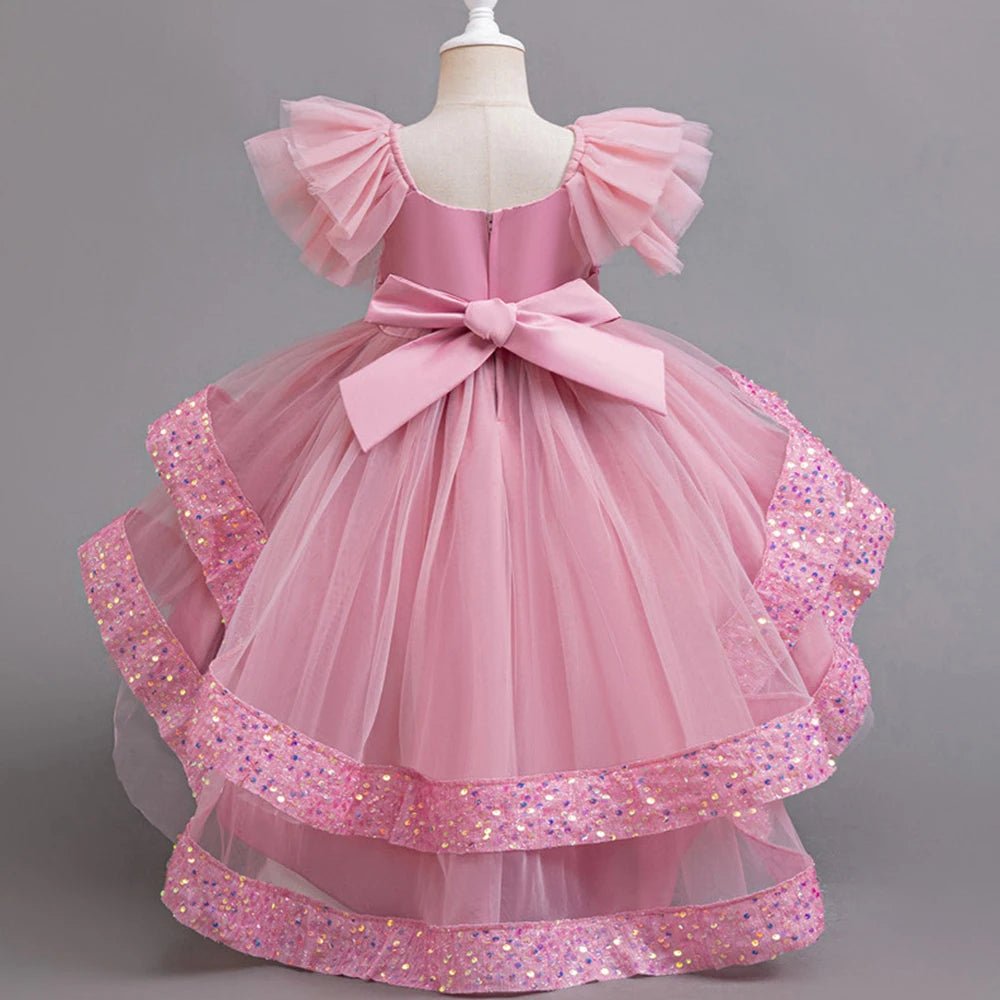 Girls Party Dresses Elegant Tulle Layered Children Long Evening Prom Gown Sequins Puffy Festive Dress for Girl - PratSN