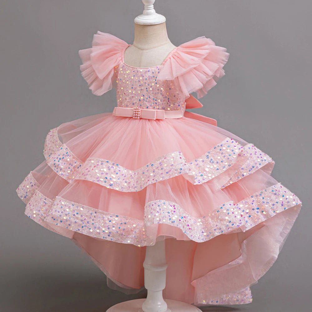 Girls Party Dresses Elegant Tulle Layered Children Long Evening Prom Gown Sequins Puffy Festive Dress for Girl - PratSN