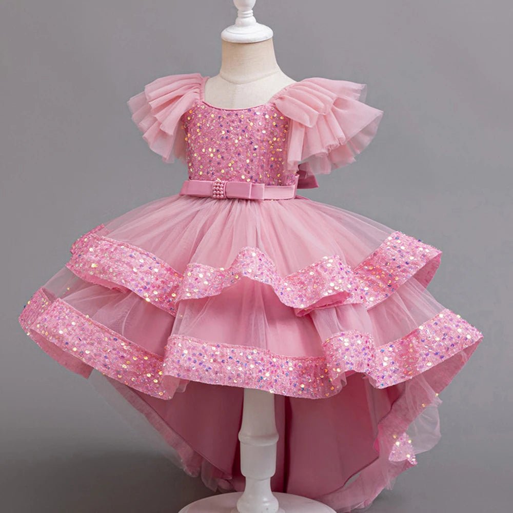 Girls Party Dresses Elegant Tulle Layered Children Long Evening Prom Gown Sequins Puffy Festive Dress for Girl - PratSN