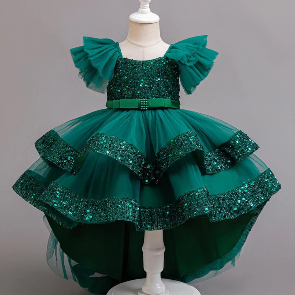Girls Party Dresses Elegant Tulle Layered Children Long Evening Prom Gown Sequins Puffy Festive Dress for Girl - PratSN