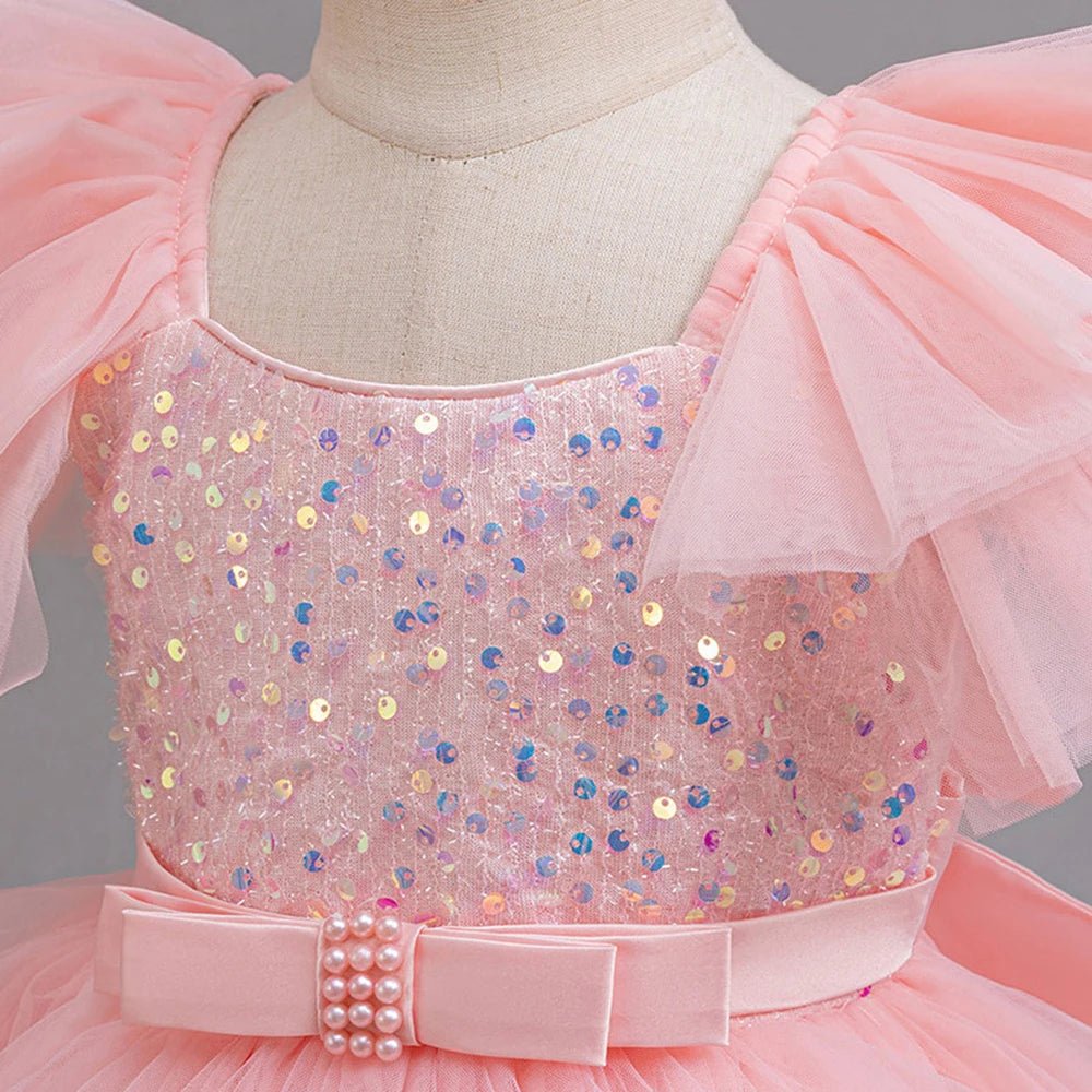 Girls Party Dresses Elegant Tulle Layered Children Long Evening Prom Gown Sequins Puffy Festive Dress for Girl - PratSN