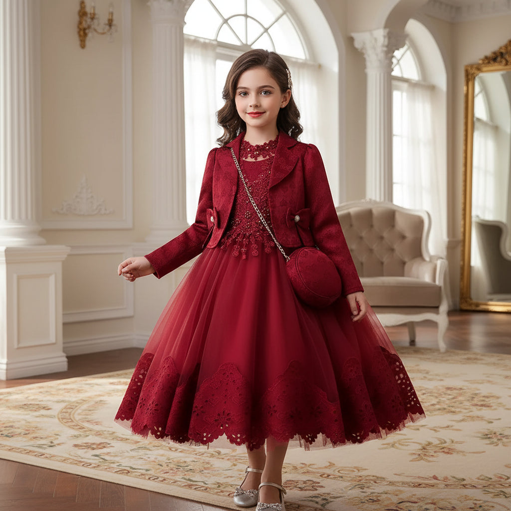 Girls Princess Ball Gown Long Sleeve Coat + Bag Set High End Beading Birthday Wedding Kids Casual Dress 3 - 12 Years - PratSN