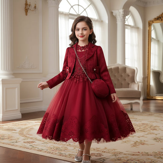Girls Princess Ball Gown Long Sleeve Coat + Bag Set High End Beading Birthday Wedding Kids Casual Dress 3 - 12 Years - PratSN