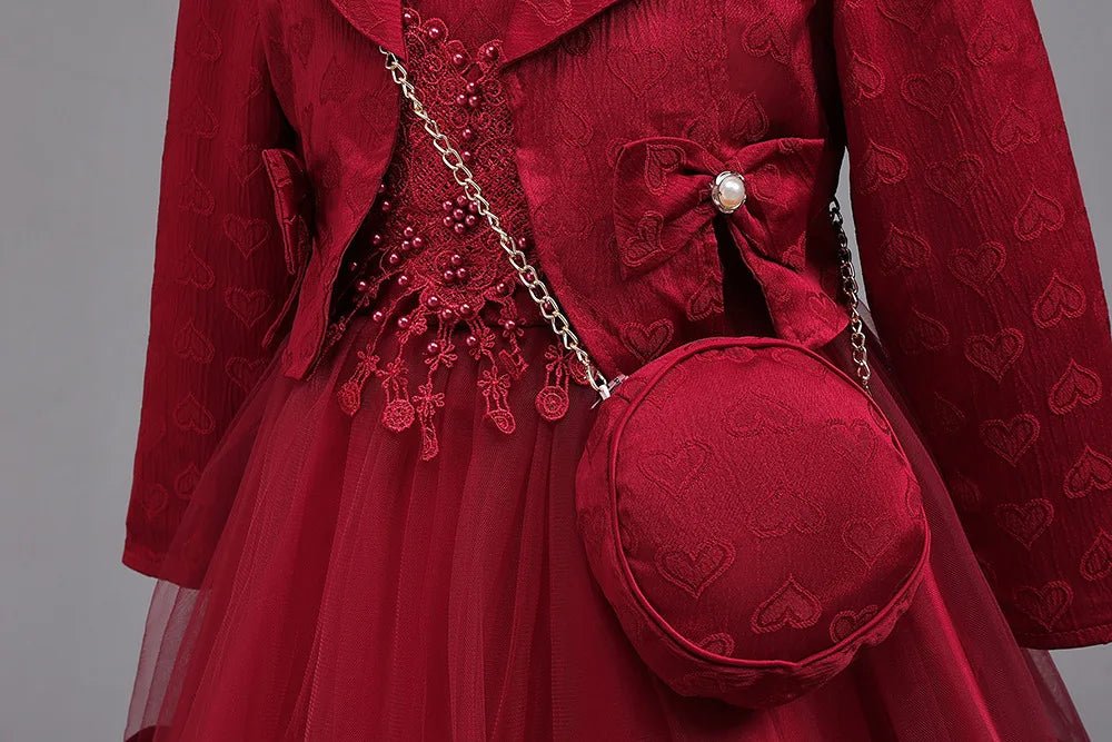 Girls Princess Ball Gown Long Sleeve Coat + Bag Set High End Beading Birthday Wedding Kids Casual Dress 3 - 12 Years - PratSN