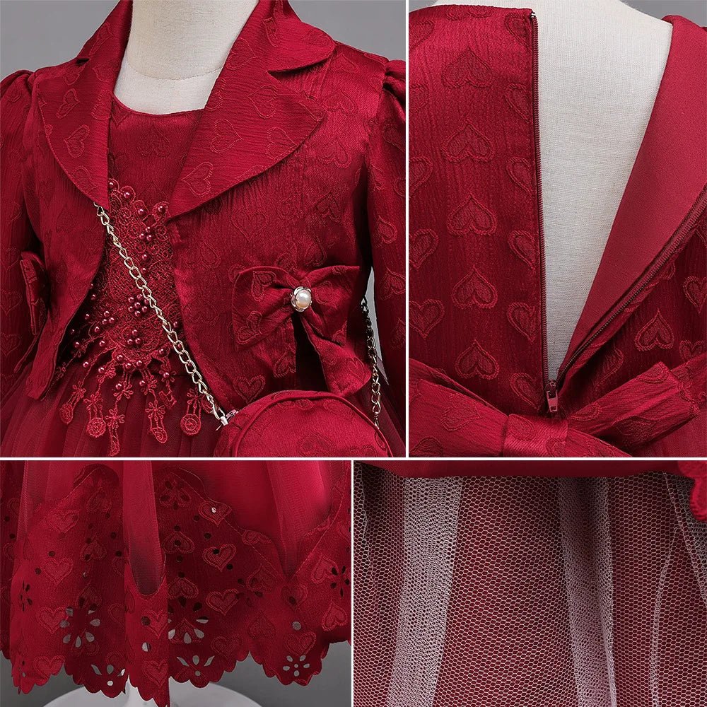 Girls Princess Ball Gown Long Sleeve Coat + Bag Set High End Beading Birthday Wedding Kids Casual Dress 3 - 12 Years - PratSN