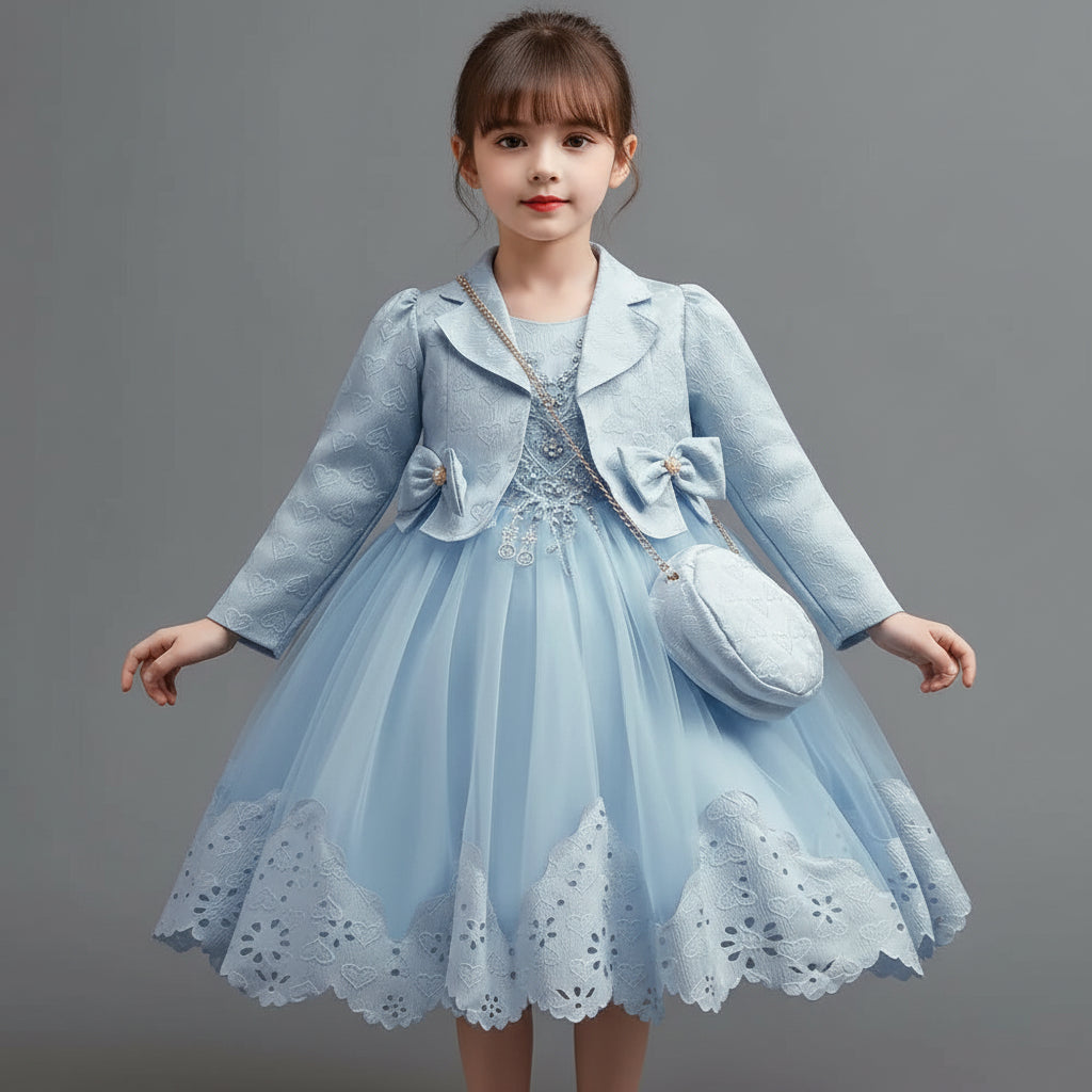 Girls Princess Ball Gown Long Sleeve Coat + Bag Set High End Beading Birthday Wedding Kids Casual Dress 3 - 12 Years - PratSN